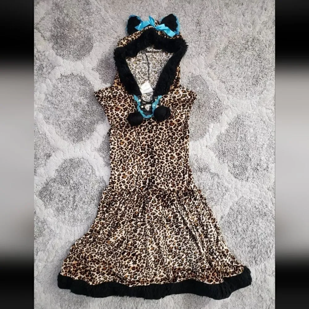 Girls Wild Lil Kitty‎ Leopard Dress Size L Halloween Costume Hood Ears Tail
